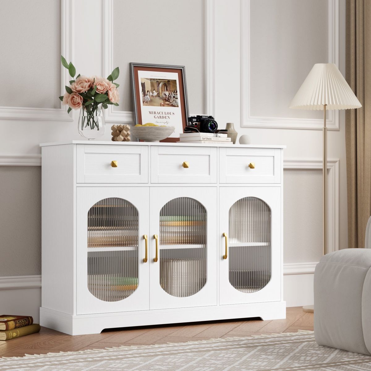 Tủ trang trí 3 cửa kính hình ô van màu trắng TT05