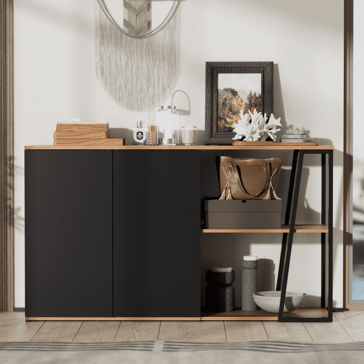 Tủ trang trí bằng gỗ với kệ lưu trữ mở 2 tầng TTT06