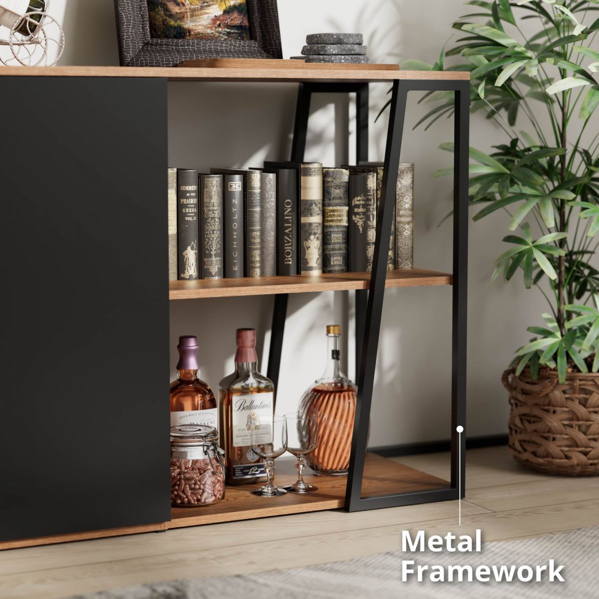 Tủ trang trí bằng gỗ với kệ lưu trữ mở 2 tầng TTT06